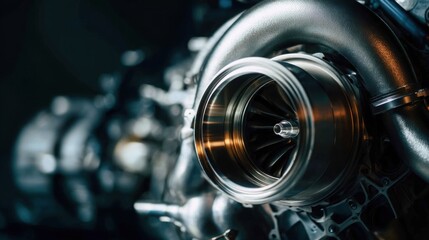 minimalistic bright photo of a turbocharged engine, visible turbocharger, compressor and turbine wheels, clean studio background, soft lighting