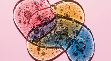 Abstract beauty product texture colorful gel swatches on a pink background