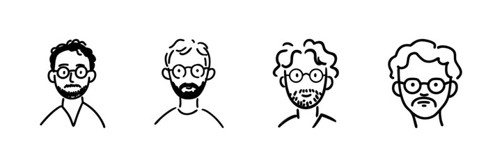 Four Male Faces With Glasses Line Icon Set In Doodle Style. Diverse Male Characters With Beards And Mustaches Outline Sketch Collection. Hand Drawn Isolated Vector Illustration