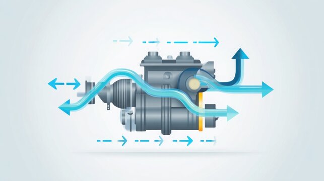 minimalistic technical illustration of air intake in a naturally aspirated engine, clear airflow arrows, bright clean background, engineering diagram