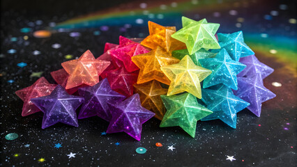 An abstract cosmic composition bursts with a dense cluster of radiant stars, each one a multifaceted gem glowing in hyper-saturated rainbow hues—electric magenta