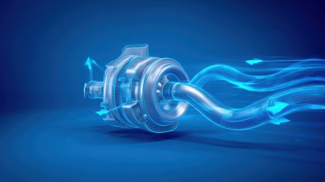 minimalistic technical illustration of compressed air flowing through a turbocharger, blue arrows, bright studio background, clean engineering style
