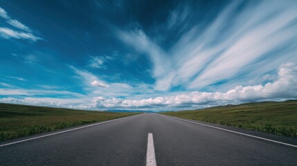 open road with wide sky, light clouds moving, peaceful and airy atmosphere, clean minimalism, sense of long travel and calm freedom