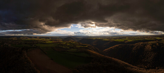 Dramatic panorama landscape of hills in france countryside aveyron