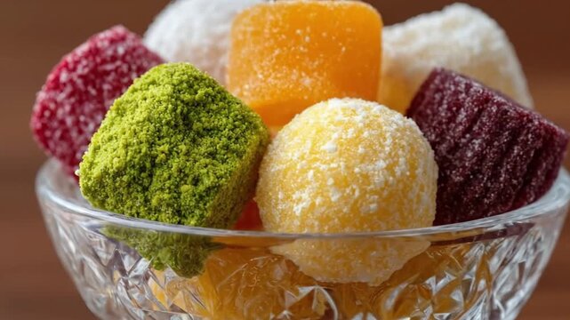 A vibrant close-up captures an enticing assortment of colorful sweet treats, artfully arranged in a sparkling crystal bowl. The delicious confectionery features various shapes, including cubes and sph