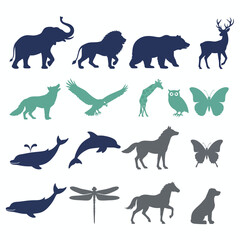 Wild animal silhouettes in navy blue and teal featuring mammals birds and diverse wildlife creatures for nature and zoology themed illustrations