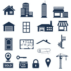 Dark navy blue icon set of urban architecture and buildings including houses skyscrapers residential homes shops garages and various city structures in simple silhouette style for real estate and urba