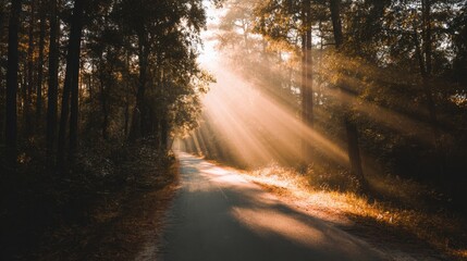 Fototapeta premium quiet forest road with sunlight rays through trees, warm tones, calm atmosphere, minimalistic composition, dreamy travel mood