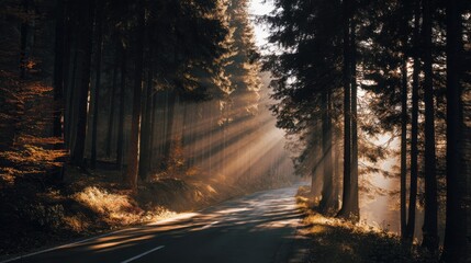 Obraz premium quiet forest road with sunlight rays through trees, warm tones, calm atmosphere, minimalistic composition, dreamy travel mood