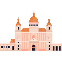 Pixel Art Facade Of A Large European Church With Domes And Towers In A Light Pink Hue With Orange Roof Accents And Dark Blue Windows