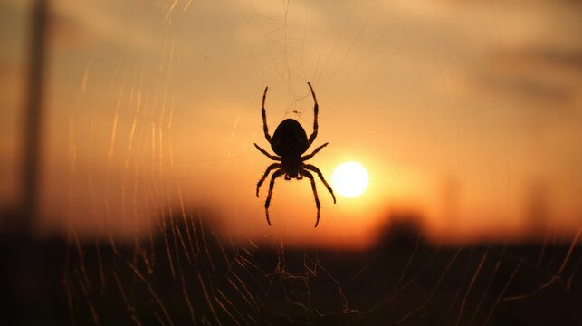 Silhouette of a spider in the center of its web against an orange sunset sky, dramatic backlighting, minimal but striking composition