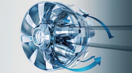 simplified minimalistic illustration of airflow entering the compressor wheel of a turbocharger, clean blue arrows, light background, soft contrast