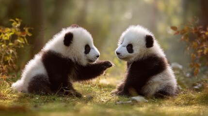 Two young pandas interacting gently on a soft grassy clearing, playful mood, high detail fur textures, warm daylight filtering through leaves, clear