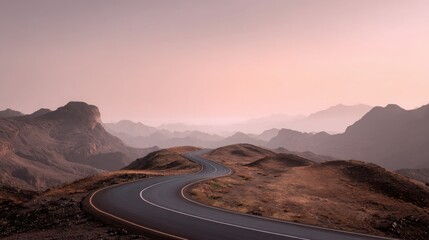 winding mountain road, soft morning haze, pastel sky, peaceful travel atmosphere, clean minimalistic scenery, sense of freedom and journey