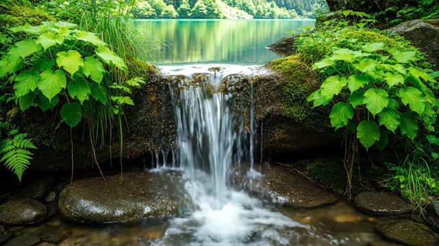 Small waterfall flows into pristine lake surrounded by lush greenery.