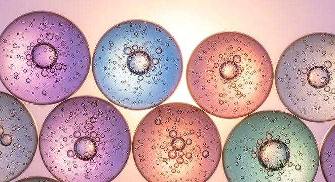 Abstract illustration of colorful translucent oval shaped objects with a central circular feature and speckled textures
