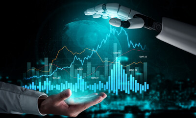 A futuristic robot hand engages with holographic financial data and charts, symbolizing the intersection of technology and business innovation in a dynamic digital landscape. Scalp