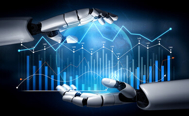 Futuristic robotic hands interact with digital graphs, showcasing advanced data analysis and financial metrics in a global tech-driven environment. Scalp