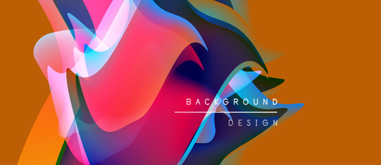 Abstract fluid shapes overlap, creating vibrant color gradients. Background features text background design. Orange dominates top portion.