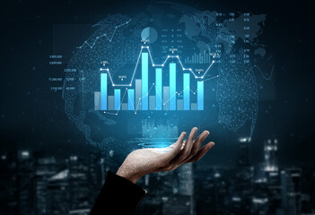 A hand extends to display a digital financial graphic showcasing charts and statistical data. The urban background emphasizes a modern business environment. Scalp