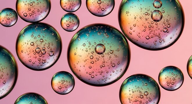 Macro photograph of colorful water droplets with internal reflections and a pink background creating an abstract design