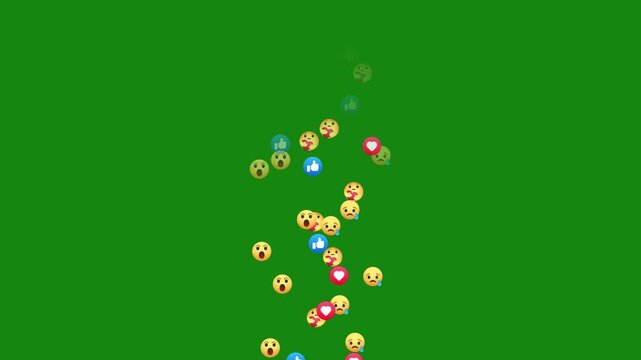 Dynamic flow of facebook emoji icons on green screen background