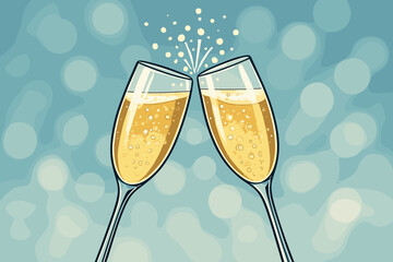 Champagne Toast Celebration. Series of champagne glasses clinking together, filled with bubbling champagne. The glasses are elegantly arranged in the foreground with a vibrant