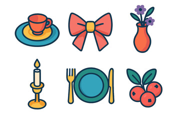 Vibrant Celebration Icons. Celebration Table flat icon set: dishware, napkin bow, vase, candlestick, plate setting, berries