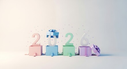 Festive 3D illustration for New Year 2026 with pastel numbers, gift boxes, and celebration confetti on a light background