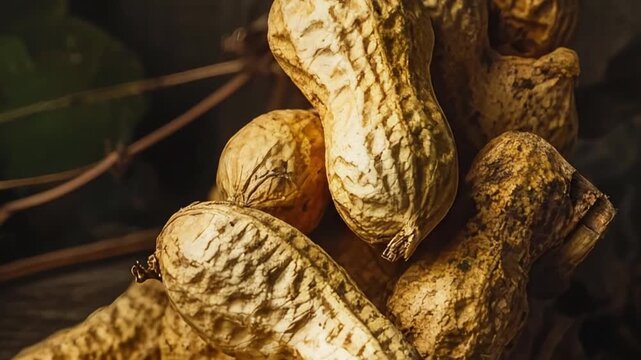A vibrant close-up shot of raw, unprocessed peanuts still nestled in their textured, earthy shells. The natural golden-brown hues and organic imperfections of the shells are beautifully highlighted, c