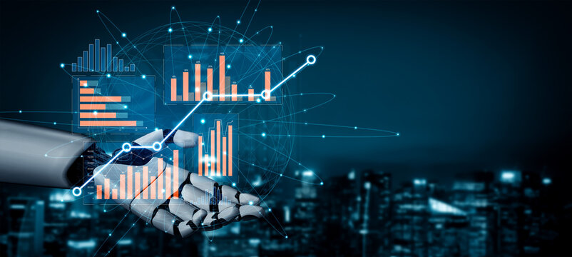 A futuristic robotic hand showcases advanced data analytics visuals, featuring dynamic graphs and charts, symbolizing the merger between technology and business strategies. Scalp - Powered by Adobe