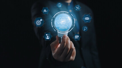 Marketing automation diagram showcase AI-driven campaign workflow, highlight marketing automation, data-driven strategy, marketing automation tools, and market automation process in business. Elide