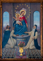 Obraz premium Painting (19th century) of the Virgin Mary and baby Jesus handing the rosary to St. Catherine of Siena and St.Dominic.