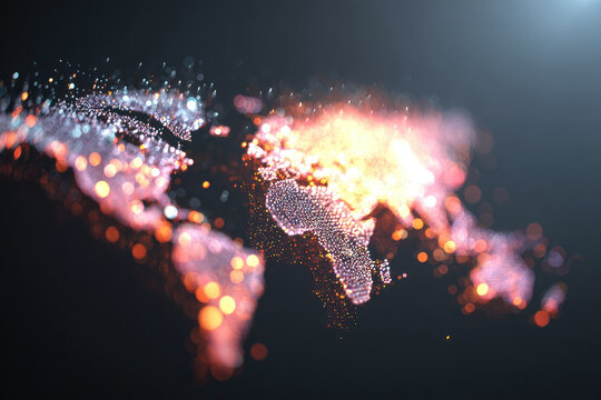 Defocused world map made of glowing nodes, blurred financial data visualization, abstract global network, illuminated dots, digital technology, futuristic, orange and white light