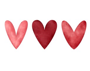 Watercolor hearts in pink and red shades. Hand-painted romantic elements isolated for Valentine’s Day and love themed designs.