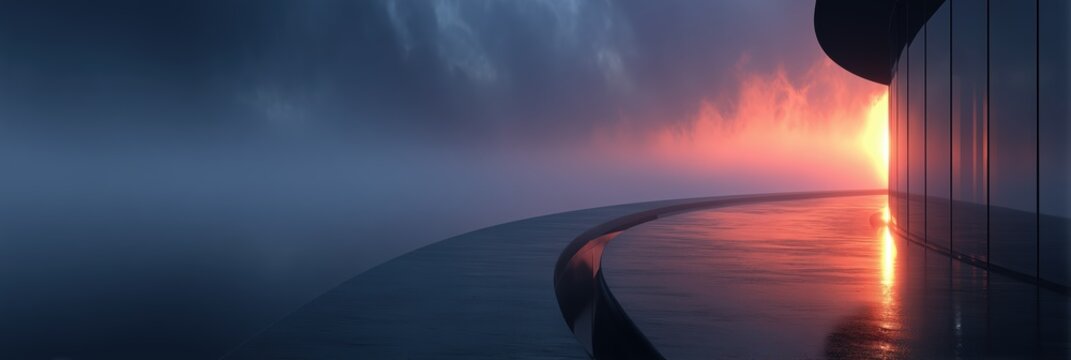 Dark atmospheric seascape with curved wall silhouette and sunset reflection.


