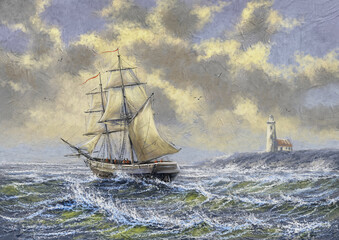 Sailboat Navigating Rough Seas near a Lighthouse at Sunset, oil paintings sea landscape