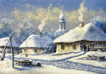 Painting rural landscape, church in the snow. A Snowy Ukrainian Village Scene in Winter