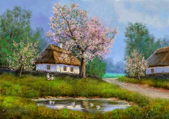 Paintings rural landscape, old house in the forest. Traditional Ukrainian Village Landscape in Spring Bloom