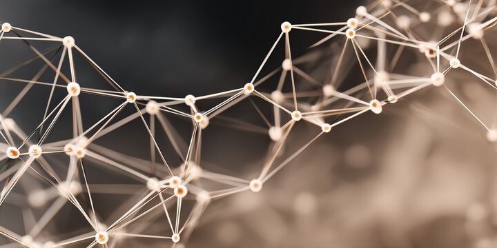 Abstract golden digital network connection lines with glowing dots for technology background.

