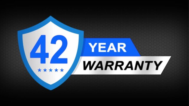 42 year warranty premium shield badge. Blue security guarantee emblem, product protection label, trust assurance icon on modern dark background.