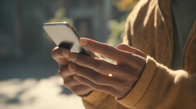 A close-up shot of hands scrolling on a mobile phone in a beautifully sunlit interior