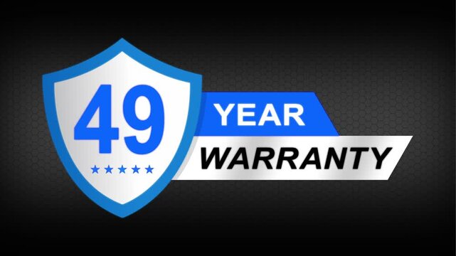 49 year warranty premium shield badge. Blue security guarantee emblem, product protection label, trust assurance icon on modern dark background.