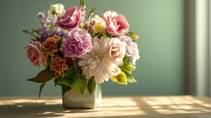 Naklejka premium A vibrant mix of pink, purple, and white blooms arranged in a vase on a wooden table