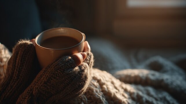 Hands in wool mittens holding a warm cup of coffee - Powered by Adobe