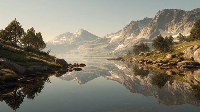 Serene alpine lake reflecting mountains and pine forest - Powered by Adobe