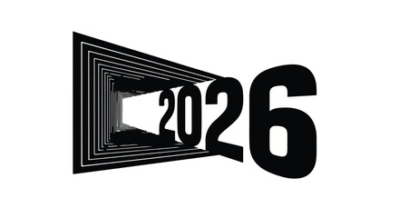 Bold 2026 numeral emerging from a geometric tunnel, symbolizing future progress and innovation.