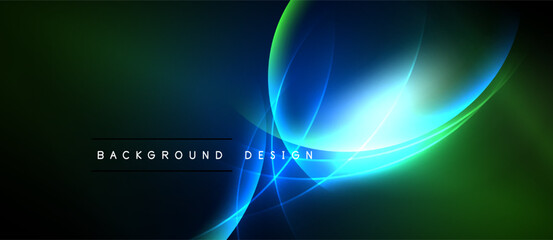 Abstract design features vibrant curves, glowing lines. Dark background contrasts bright blues, greens, creating dynamic visual effect.