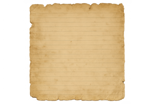 Old lined paper with rough edges on transparent background, vintage parchment texture, retro notebook sheet