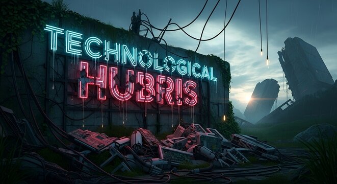 Technological Hubris: Neon Warning in a Post-Apocalyptic Landscape